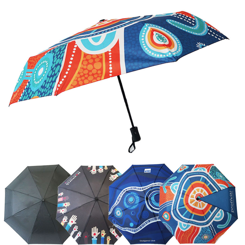 21 Inch 8K Auto Open Blue Advertise Fold Umbrella Custom Logo Digital Printing Multi Color 3 Folding Automatic Travel Umbrella