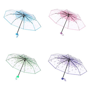 Korean Umbrellas Folding Cute Korean Mini Fresh Simple Sen Series Trifold Cherry Blossom Transparent Japanese Umbrella