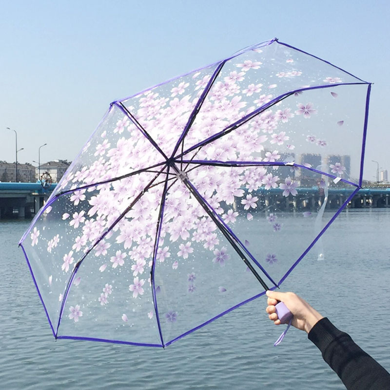 Korean Umbrellas Folding Cute Korean Mini Fresh Simple Sen Series Trifold Cherry Blossom Transparent Japanese Umbrella