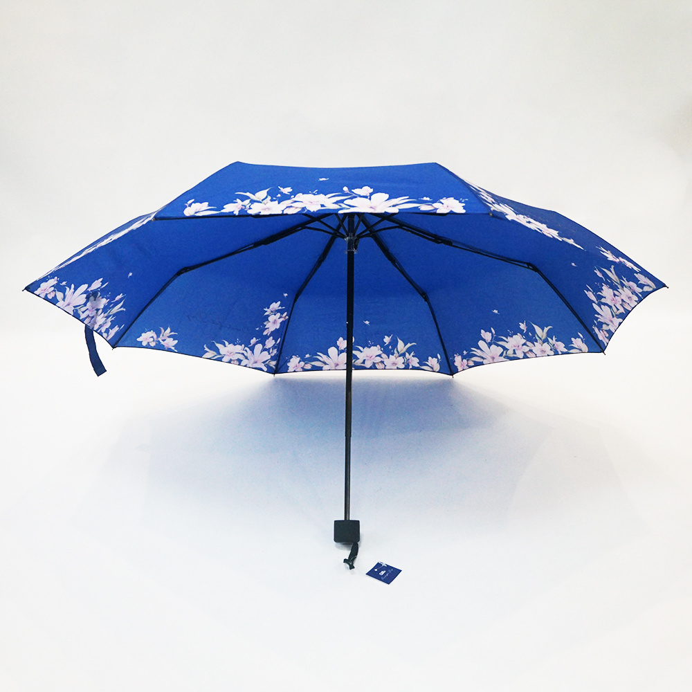 Dark Blue Popular Printing Floral Pretty Flower Travel Manual Three Fold Fashion Promotional Umbrella for Rainproof