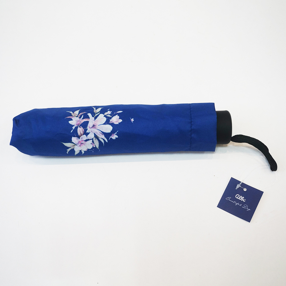 Dark Blue Popular Printing Floral Pretty Flower Travel Manual Three Fold Fashion Promotional Umbrella for Rainproof