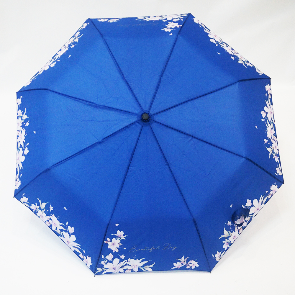 Dark Blue Popular Printing Floral Pretty Flower Travel Manual Three Fold Fashion Promotional Umbrella for Rainproof