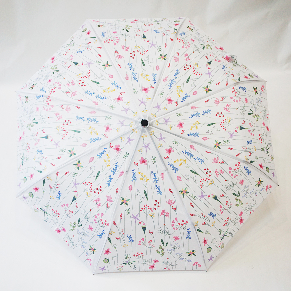 Manual Open Close Rain Using Digital Print Beautiful Inside Flower Floral White Parasol Portable Sun Three Fold Travel Umbrellas