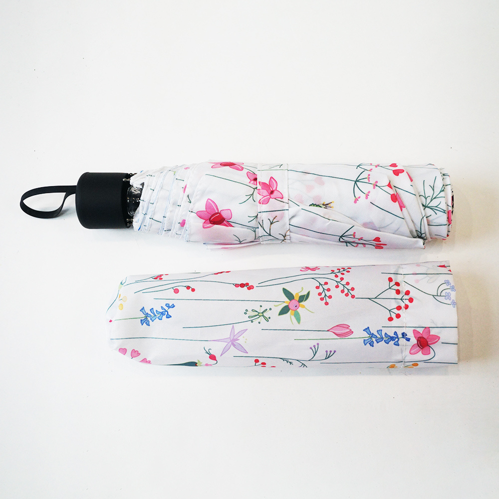 Manual Open Close Rain Using Digital Print Beautiful Inside Flower Floral White Parasol Portable Sun Three Fold Travel Umbrellas