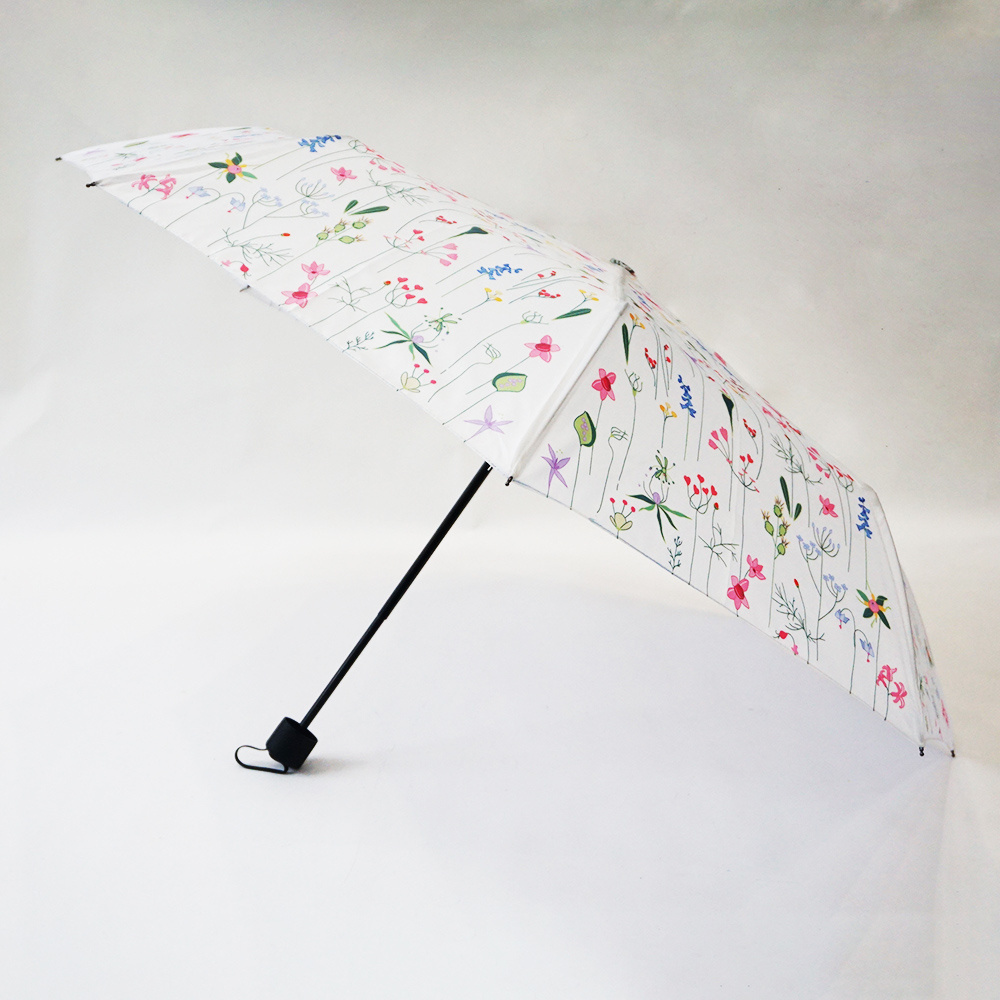 Manual Open Close Rain Using Digital Print Beautiful Inside Flower Floral White Parasol Portable Sun Three Fold Travel Umbrellas