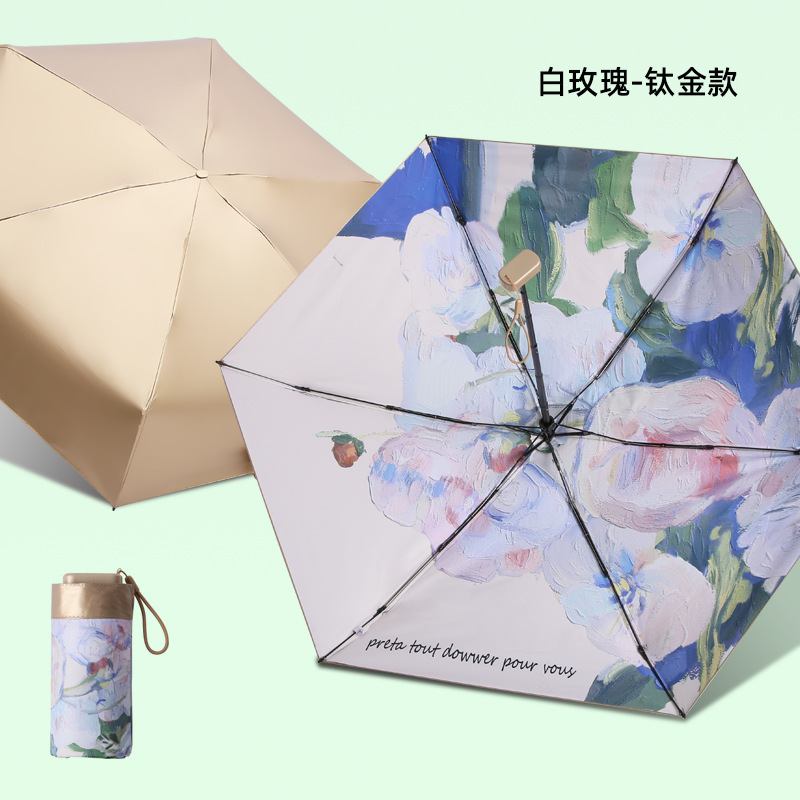 New Micro Mini Manual Compact Parasol Rose Oil Painting Umbrellas Pink Multicolored Flowers Travel Umbrella for Woman