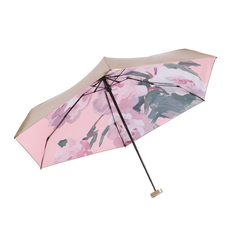 New Micro Mini Manual Compact Parasol Rose Oil Painting Umbrellas Pink Multicolored Flowers Travel Umbrella for Woman