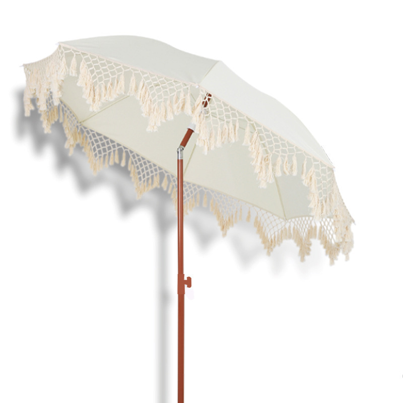 Outdoor parasol beach umbrella with tassel rope leisure white patio garden open air outdoor cafe sun umbrella