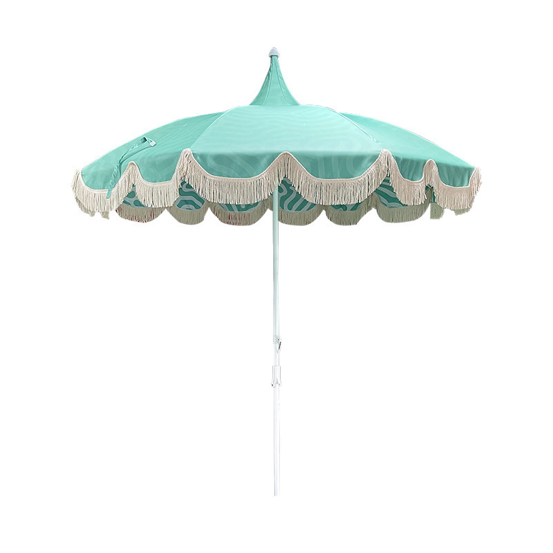 Custom Outdoor 6.5ft 7ft Steel Pole Premium Canvas Sun Parasol Luxury White Fringed Beach Pagoda Umbrellas With Tassels