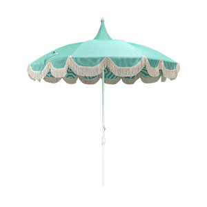 Custom Outdoor 6.5ft 7ft Steel Pole Premium Canvas Sun Parasol Luxury White Fringed Beach Pagoda Umbrellas With Tassels