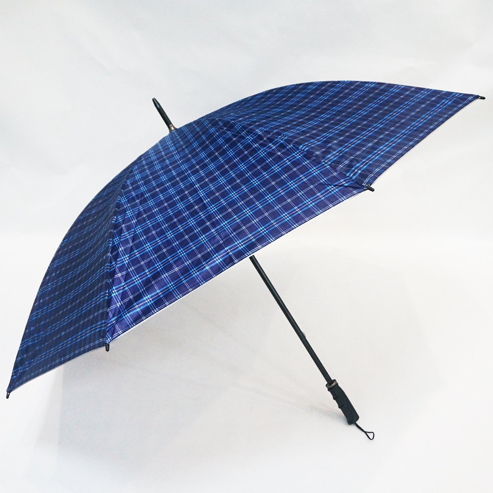 8K Windproof Silver Coating Sombrilla Double Fluted Ribs Custom Navy Blue Plaid Design Straight Umbrella