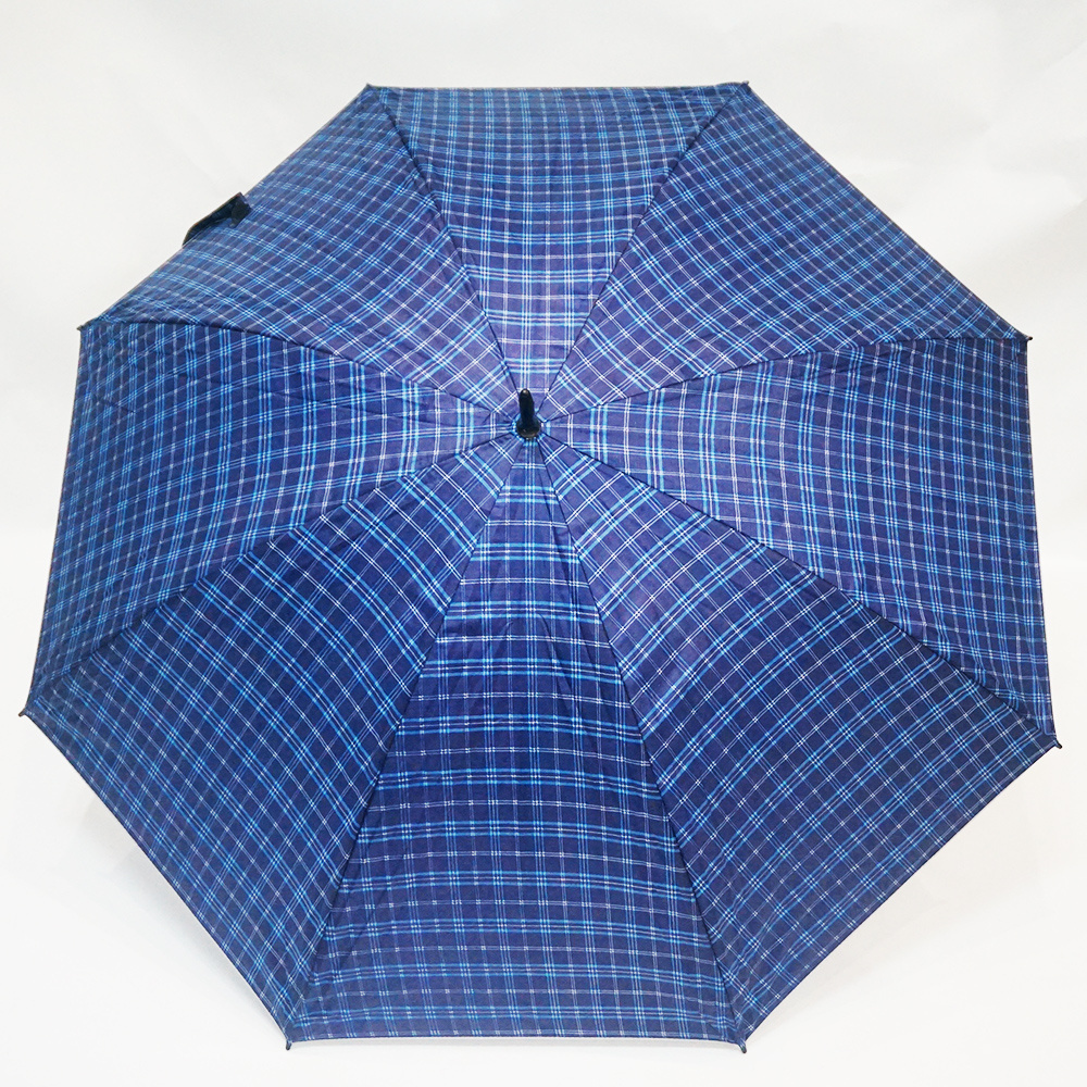 8K Windproof Silver Coating Sombrilla Double Fluted Ribs Custom Navy Blue Plaid Design Straight Umbrella