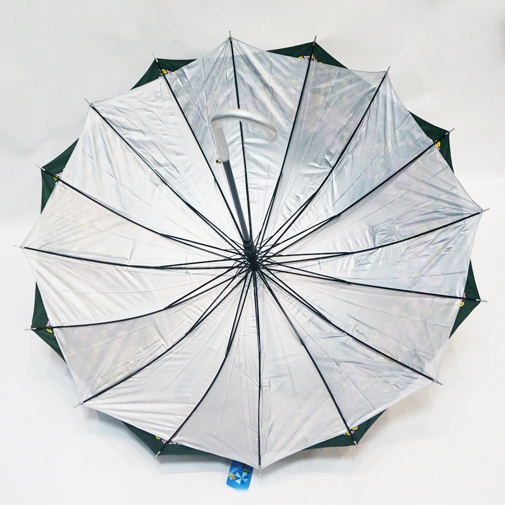 Anti-UV Double Layer Flower Pattern Canopy Cross Straight Umbrella With Silver Coating