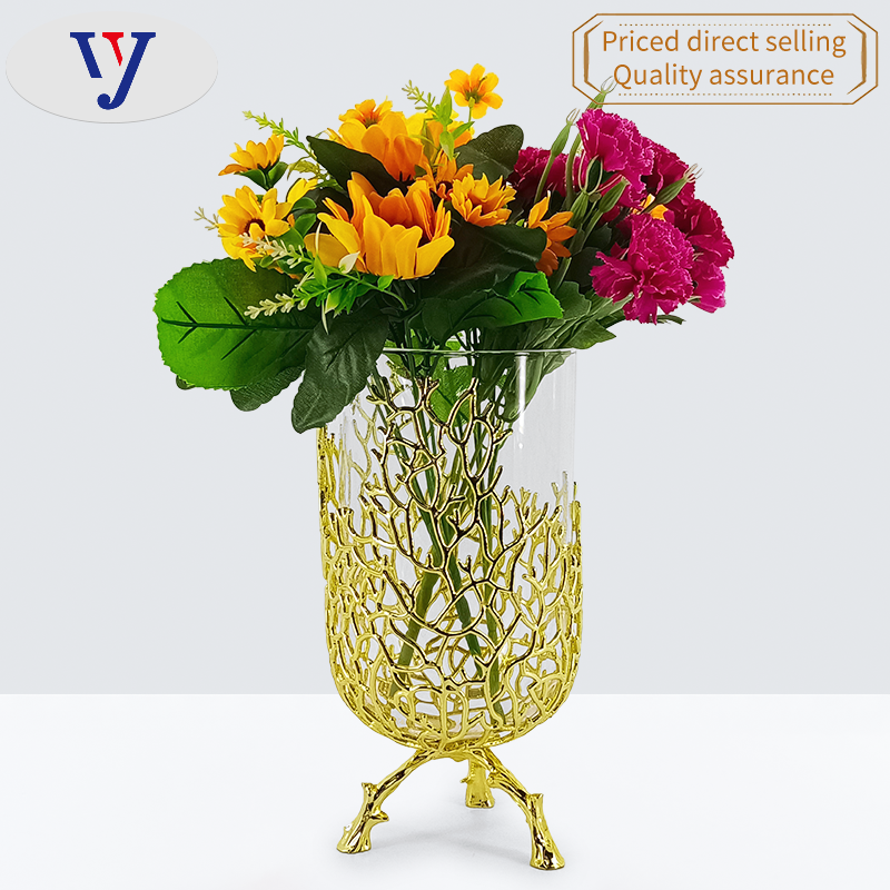 Factory custom logo gold luxury creative metal glass decorative vase home furnishing pieces