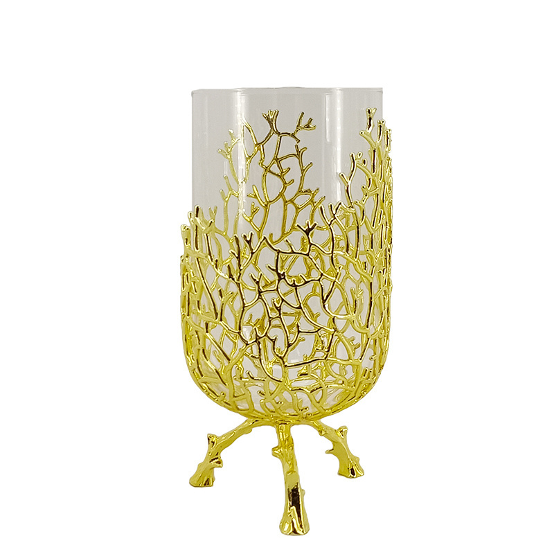 Factory custom logo gold luxury creative metal glass decorative vase home furnishing pieces