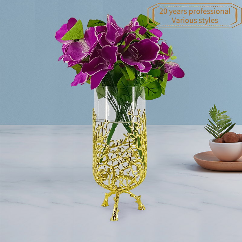 Factory custom logo gold luxury creative metal glass decorative vase home furnishing pieces