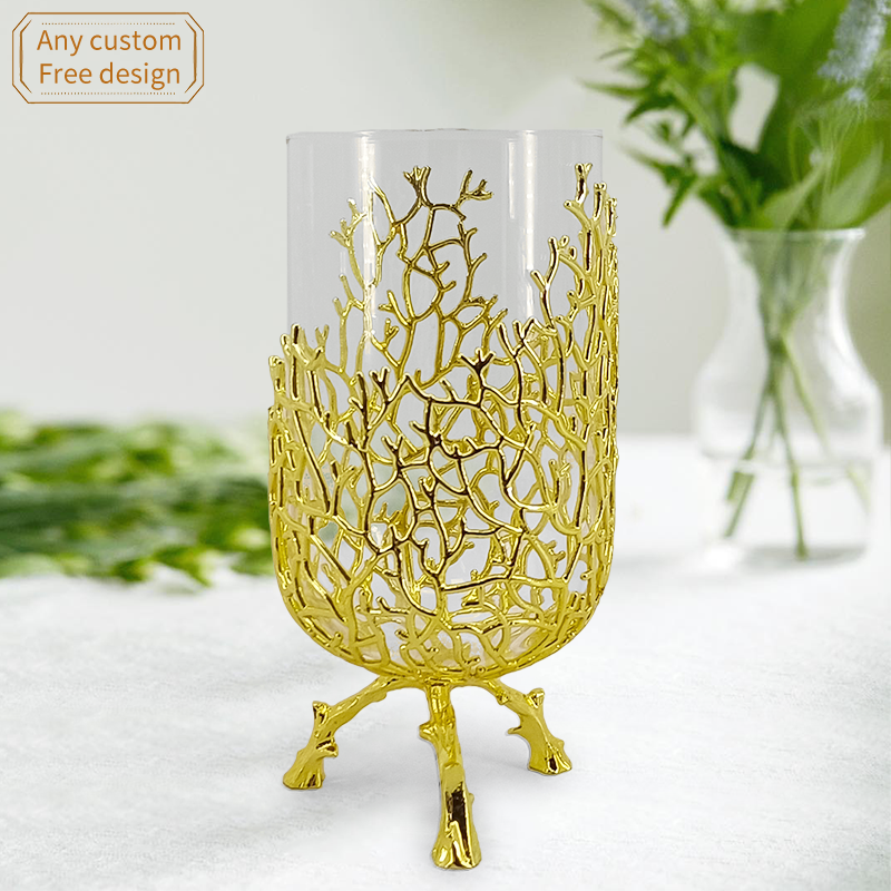 Factory custom logo gold luxury creative metal glass decorative vase home furnishing pieces