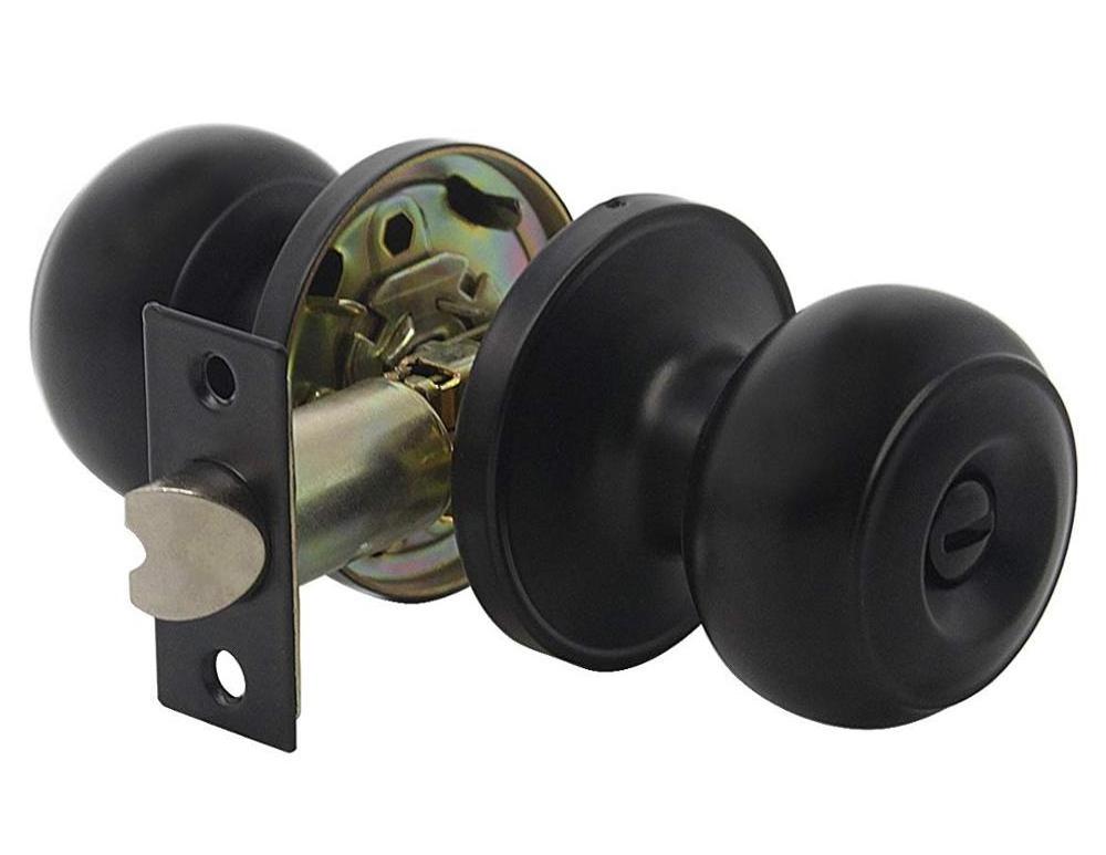 Entry Door Knob with Removable Latch Plate, Keyed Lock Set in Antique Brass for Entrance, Exterior and Interior, Round Ball Hand