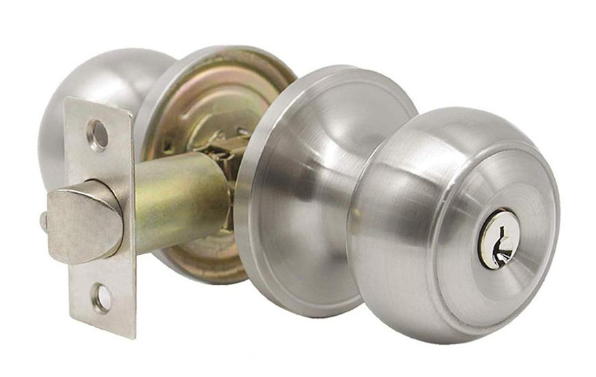 Entry Door Knob with Removable Latch Plate, Keyed Lock Set in Antique Brass for Entrance, Exterior and Interior, Round Ball Hand