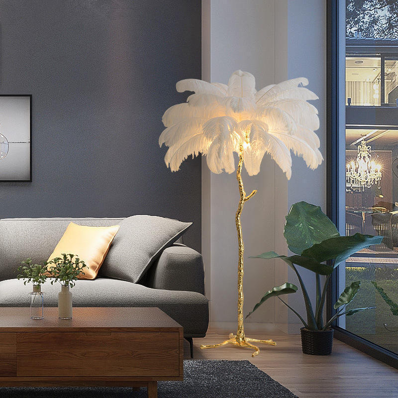 Modern luxury living room nordic standing light ostrich feather floor lamp resin palm tree shaped stand led floor lamp feathers