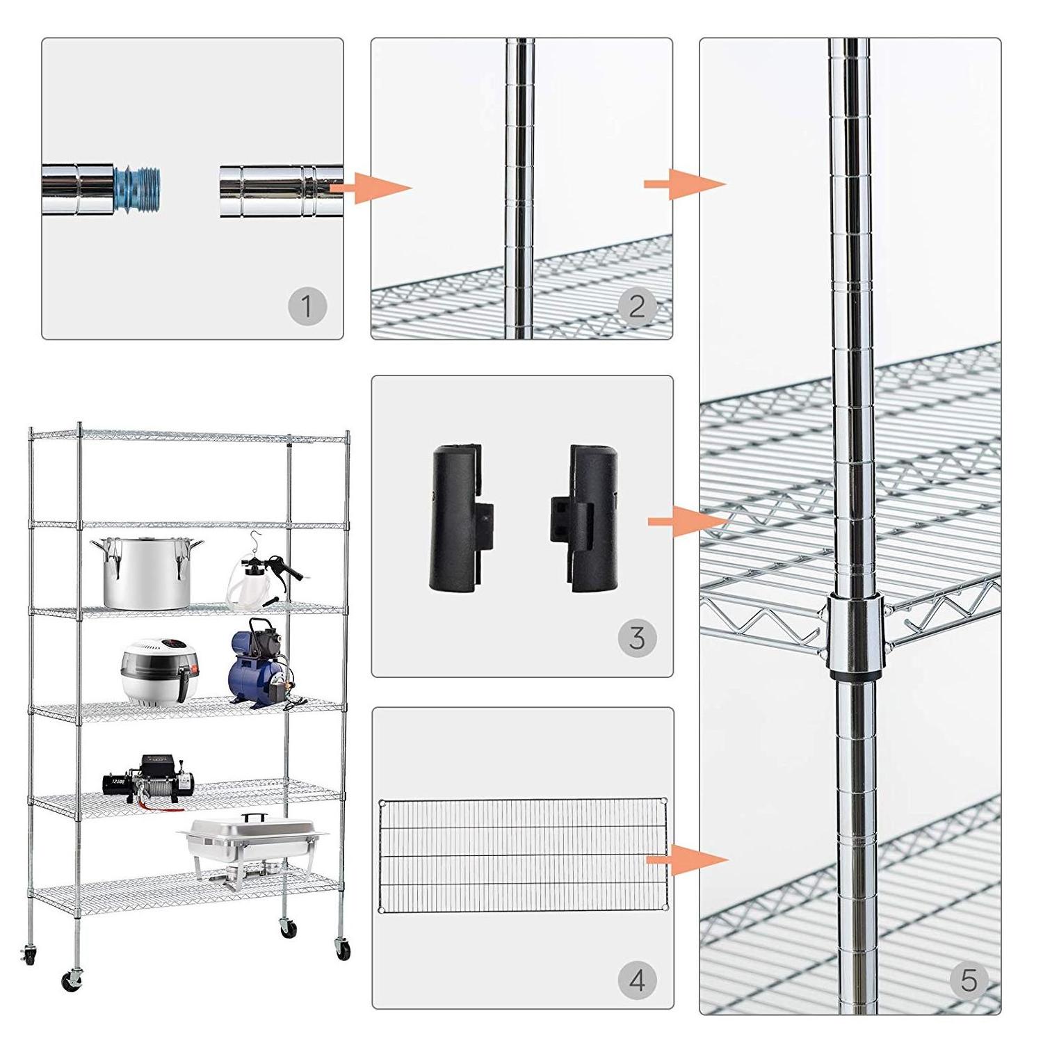 Hot sale Heavy duty 6 shelves with wheels and adjustable feet chrome Powder Coating wire shelving W-5400b1