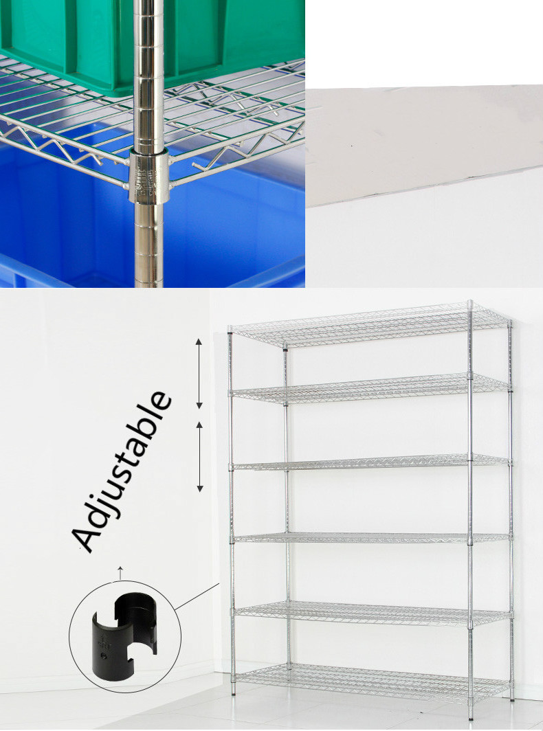 Hot sale Heavy duty 6 shelves with wheels and adjustable feet chrome Powder Coating wire shelving W-5400b1