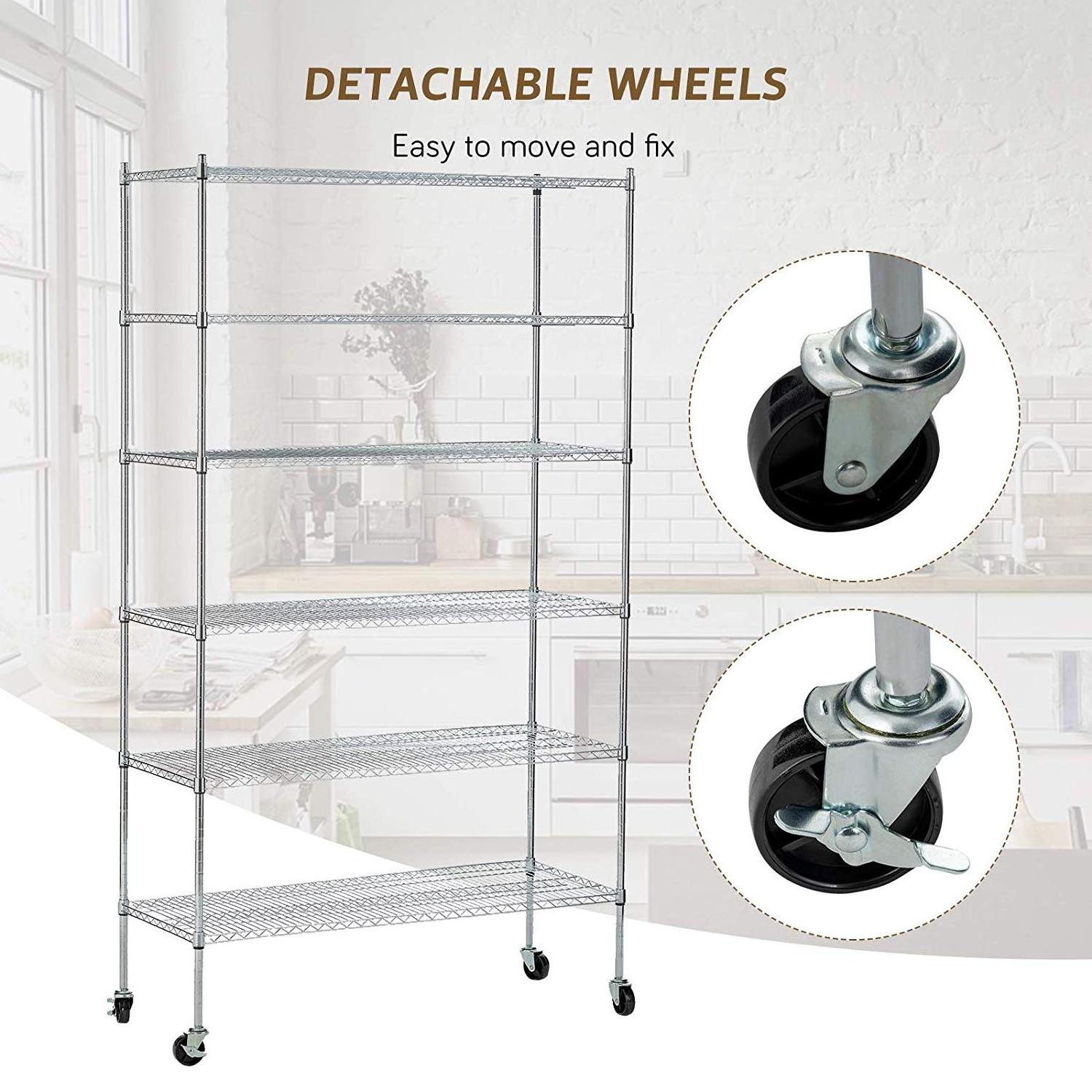 Hot sale Heavy duty 6 shelves with wheels and adjustable feet chrome Powder Coating wire shelving W-5400b1