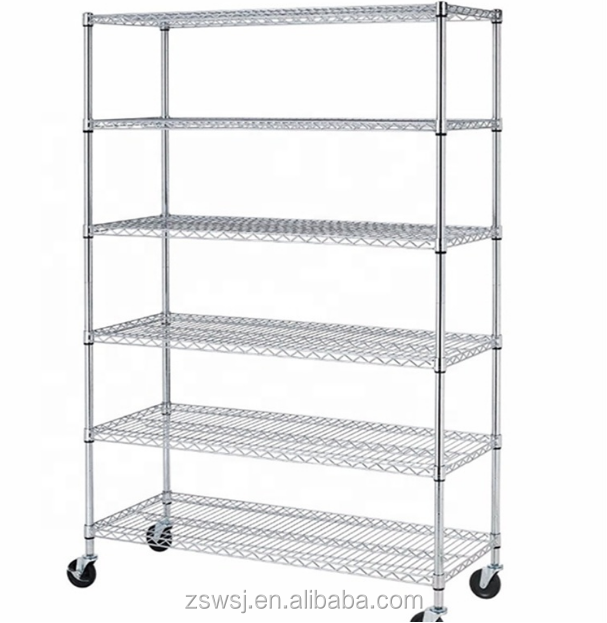 Hot sale Heavy duty 6 shelves with wheels and adjustable feet chrome Powder Coating wire shelving W-5400b1