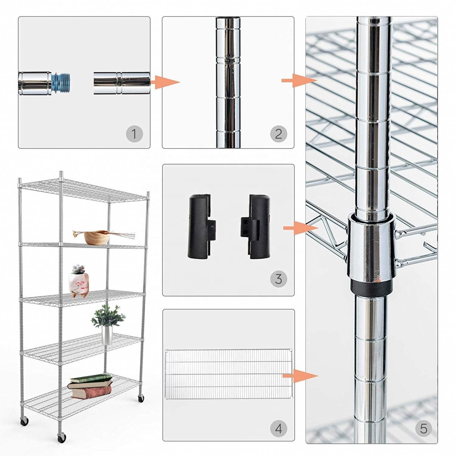 Restaurant Kitchen Adjustable Stainless Steel Storage Rack/Black Mobile Metal wire display rack 5 Layer Shelving