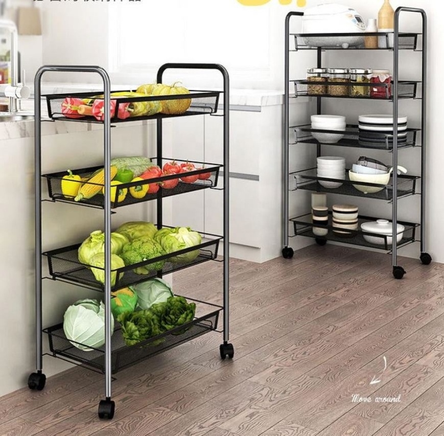 Kitchen Rack Small Cart Floor Multi-layer Mobile Suitable Household Wheeled Vegetable Basket Storage Rack