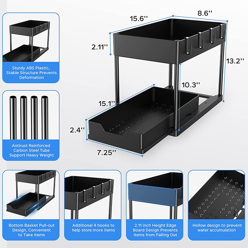 Hot Sell Multi-Purpose Under Sink Organizer Under Bathroom Sink Storage 2 Tier Organizer Storage Drawer Holder Rack