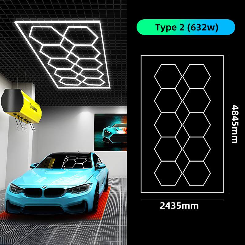 Car workshop led lights auto detailing hanging connectors for hexagon shape grid systems shop office club honeycomb wall light