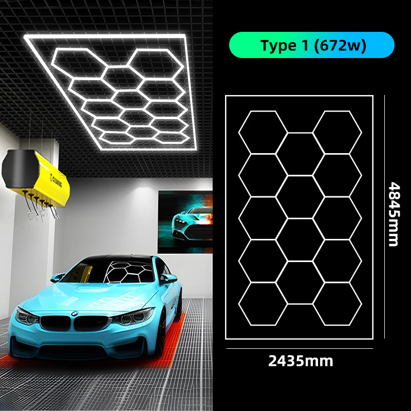 Car workshop led lights auto detailing hanging connectors for hexagon shape grid systems shop office club honeycomb wall light