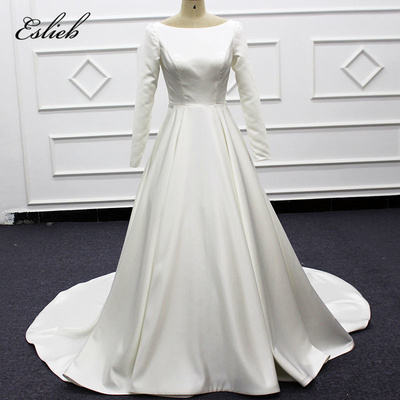 Megan wedding dresses button long sleeves bridal gown court tail zipper back wedding gown satin plain wedding  dress queen