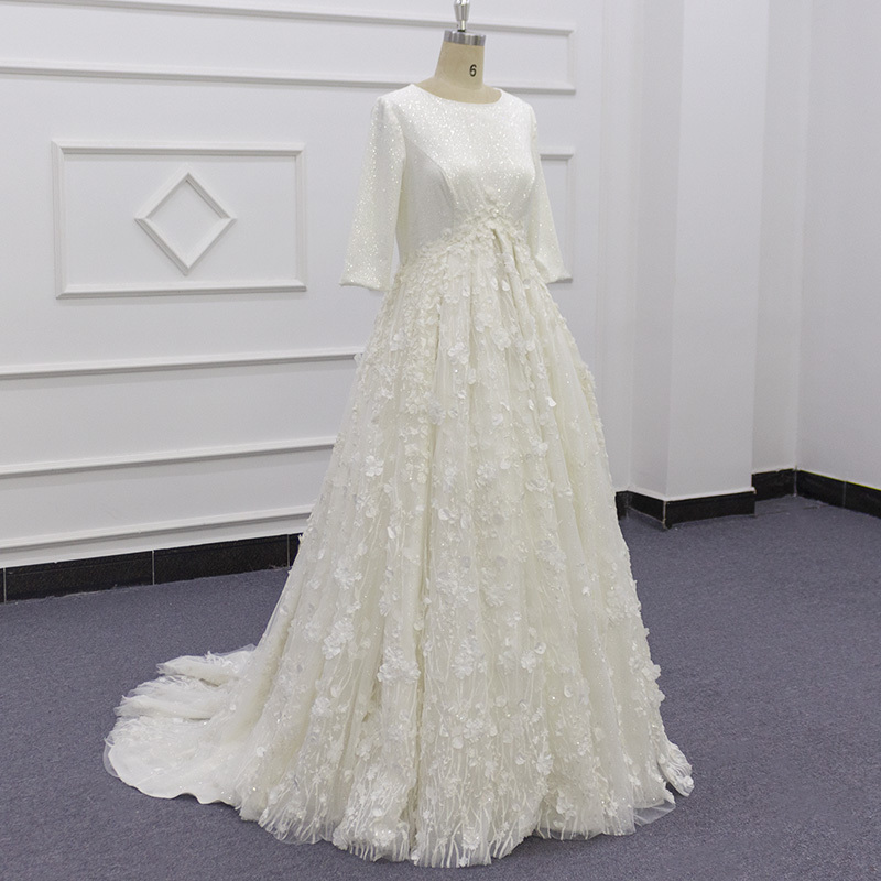 Eslieb SJ362 real photo 3D Flower lace o-neck middle sleeve sexy bridal gowns Wedding Dress Turkey