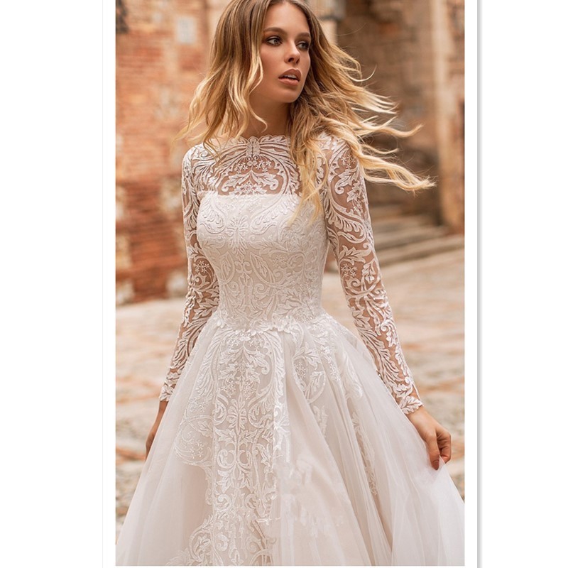 Turkey Istanbul 2019 ball gown wedding dresses long sleeves boat lace appliques neckline long train a line wedding dress