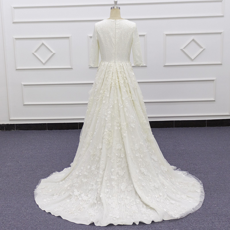 Eslieb SJ362 real photo 3D Flower lace o-neck middle sleeve sexy bridal gowns Wedding Dress Turkey