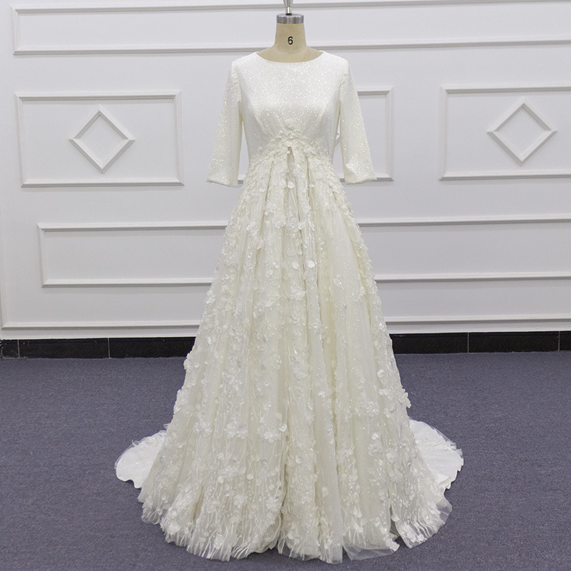 Eslieb SJ362 real photo 3D Flower lace o-neck middle sleeve sexy bridal gowns Wedding Dress Turkey