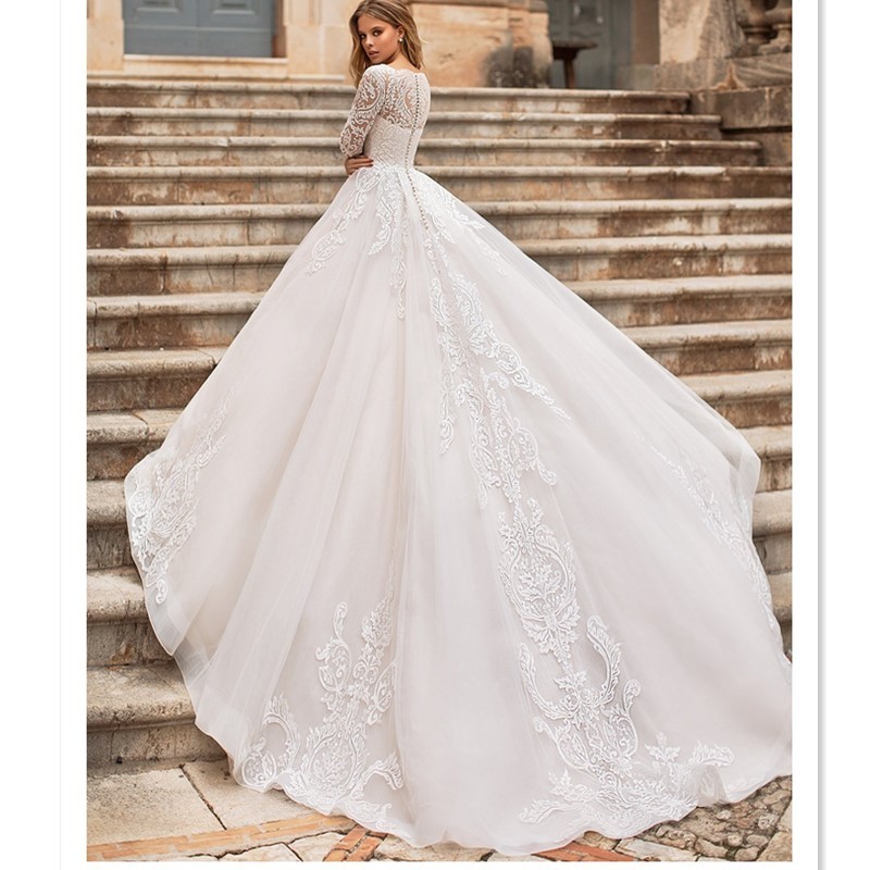 Turkey Istanbul 2019 ball gown wedding dresses long sleeves boat lace appliques neckline long train a line wedding dress