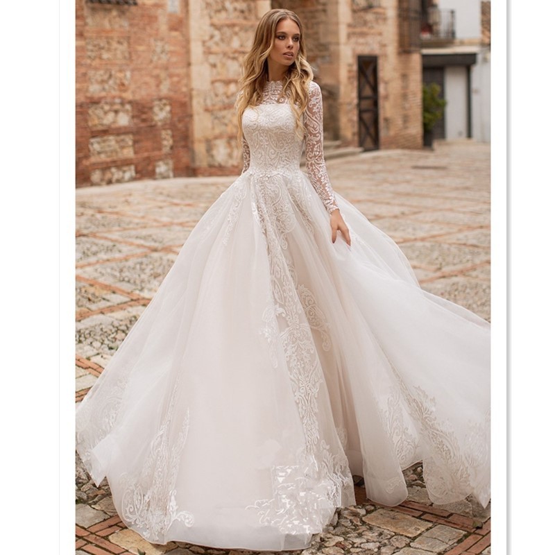 Turkey Istanbul 2019 ball gown wedding dresses long sleeves boat lace appliques neckline long train a line wedding dress