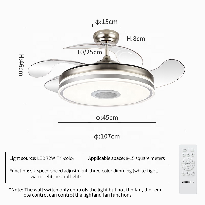 2019S Ceiling fan with LED light 36W 110v DC motor with Speaker 3 color with memory retractable blades 6 speeds remote control