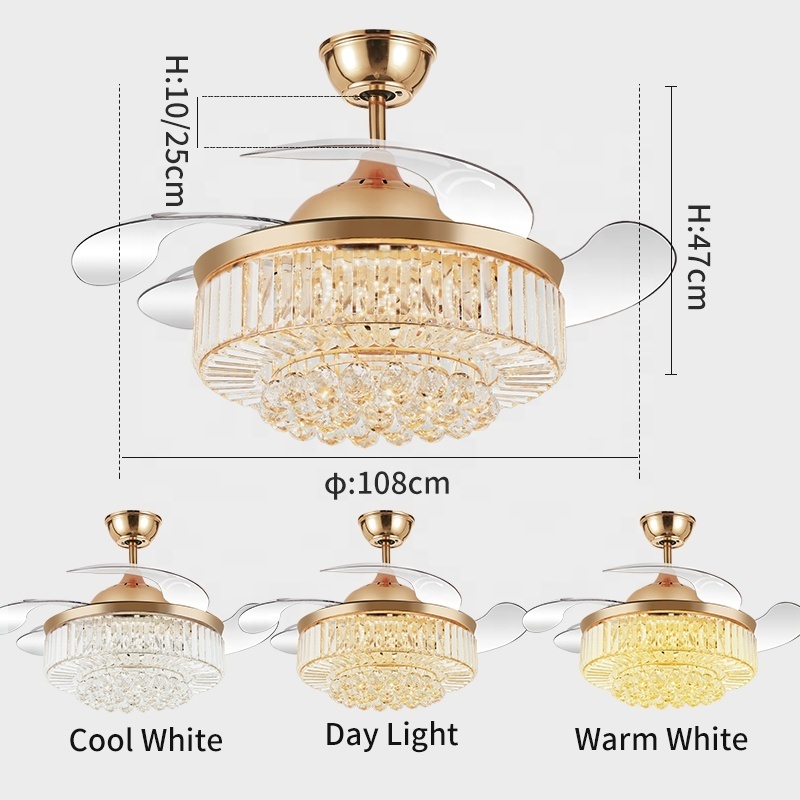 2002E Chandelier fan Ceiling fan light crystal with remote 42 inch 110V 220V retractable fandelier ceiling fan