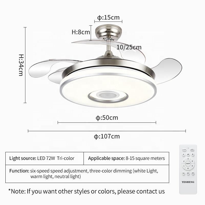 2034S 42Inch Modern Retractable Ceiling Fans with Light Speaker Music Player Chandelier 3 Colors Invisible Blades Remote control