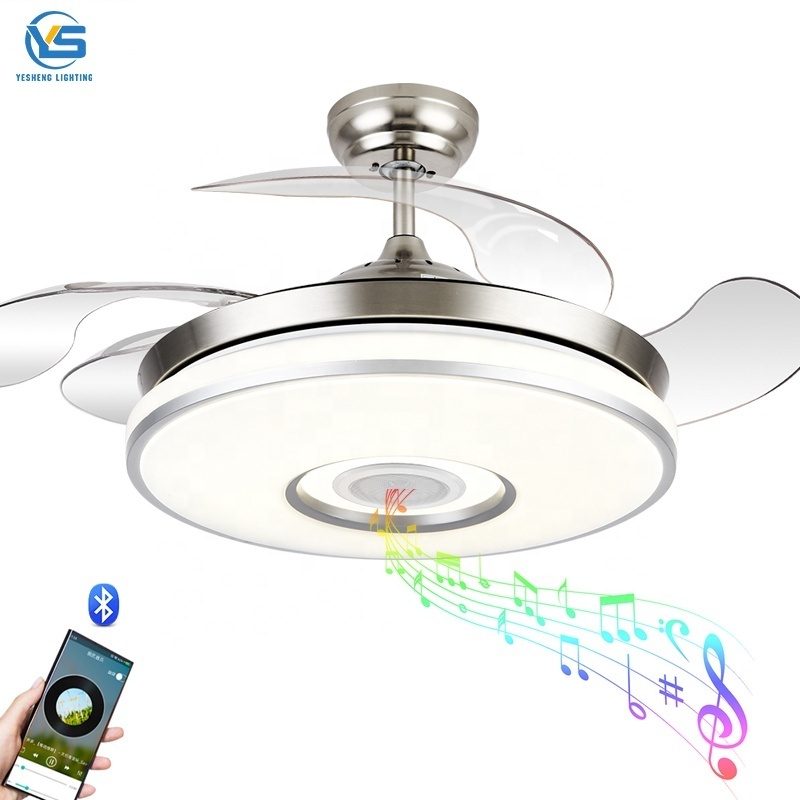 2034S 42Inch Modern Retractable Ceiling Fans with Light Speaker Music Player Chandelier 3 Colors Invisible Blades Remote control