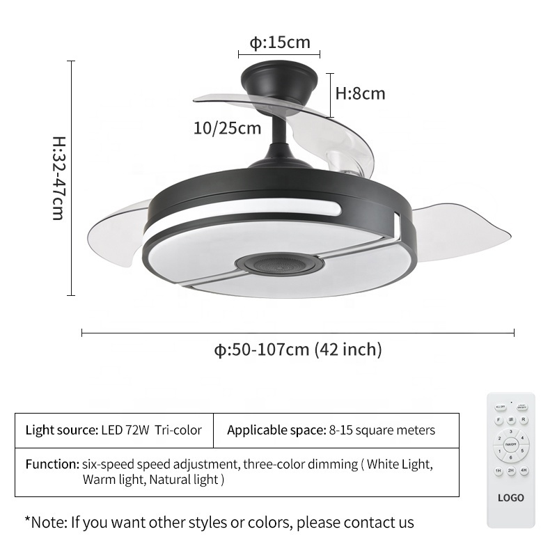 Y038 110V 220V 42inch fan ceiling fan hidden blades with speaker