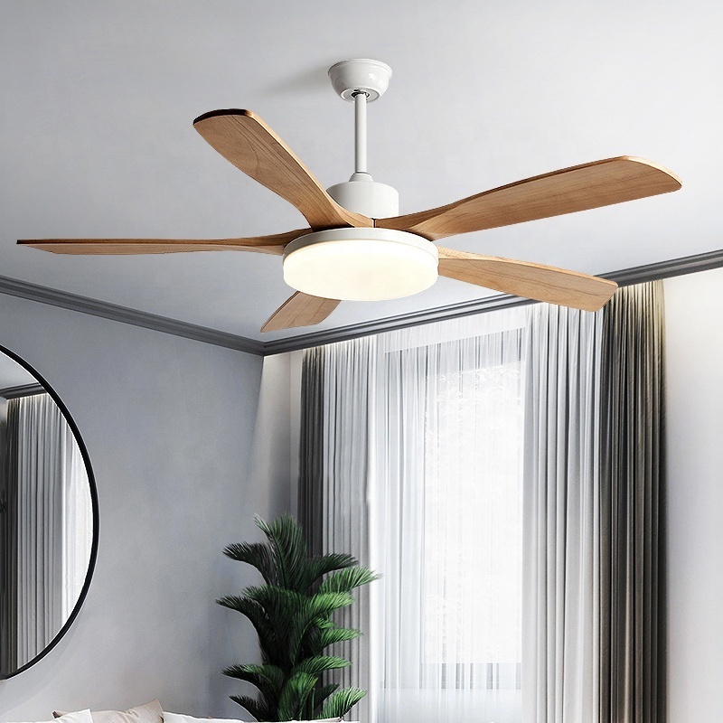 606 DC reversible Solid wood 52inch 5 blade led ceiling fan with light with remote control for home