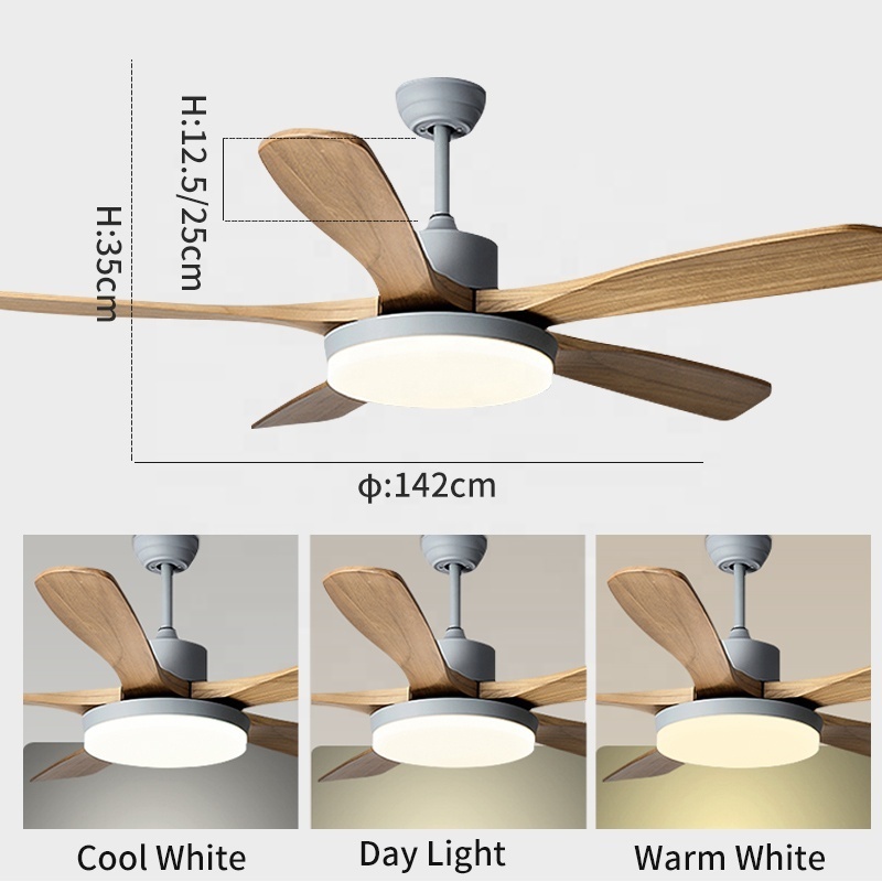 606 DC reversible Solid wood 52inch 5 blade led ceiling fan with light with remote control for home