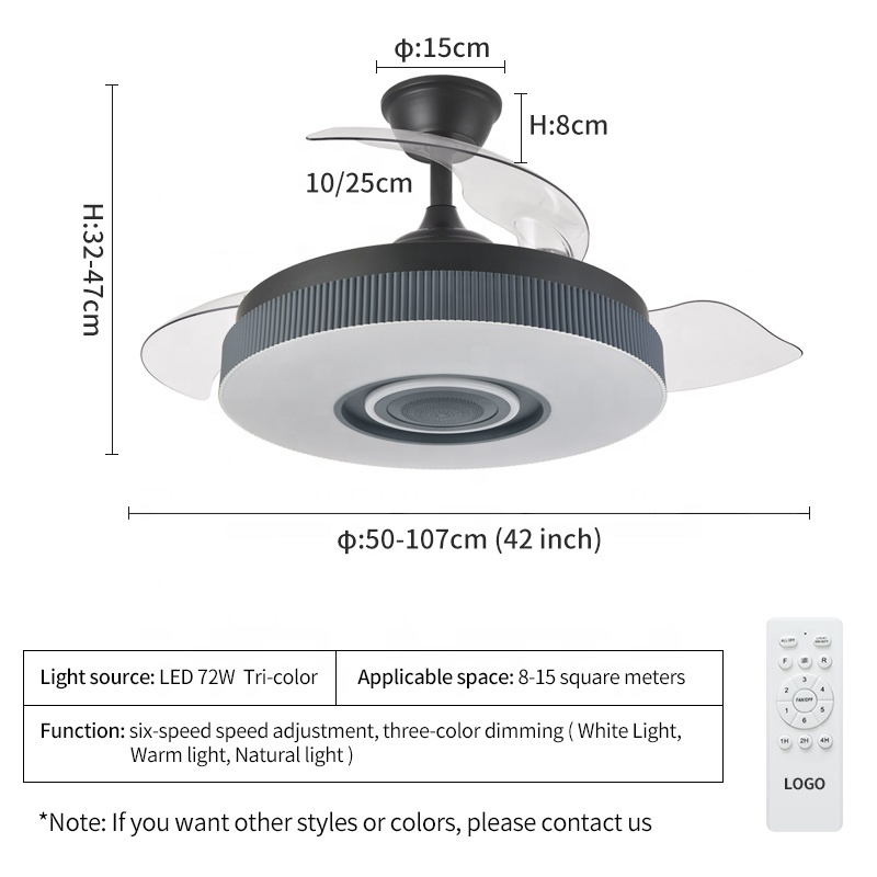 Y037 110V 220V 42inch fan ceiling fan hidden blades with speaker