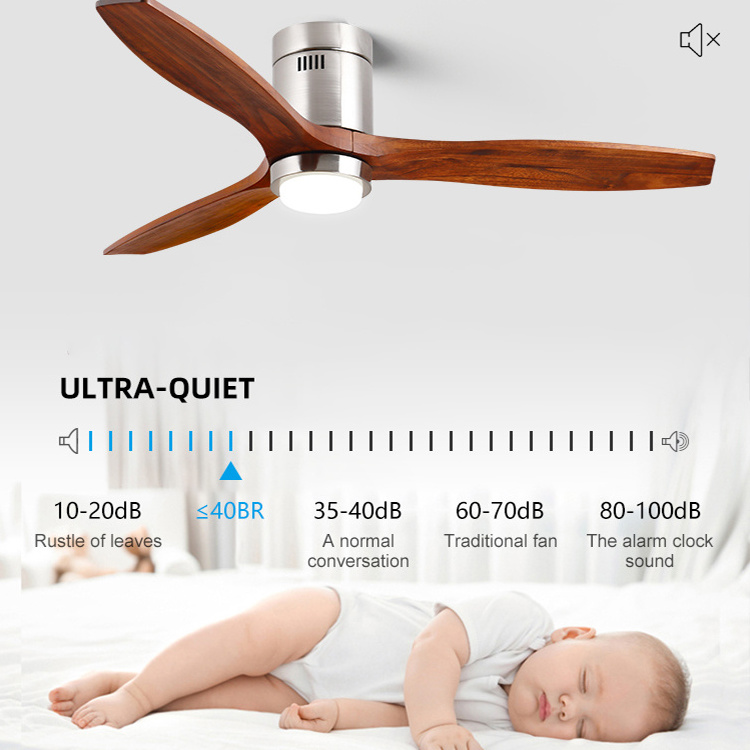 Morden Popular Smart Fans Light Three Solid Wood Blades Fandelier 52inch DC Motor Remote Control Led Ceiling Fan with Lamp 100