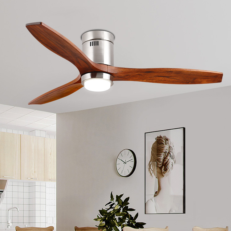 Morden Popular Smart Fans Light Three Solid Wood Blades Fandelier 52inch DC Motor Remote Control Led Ceiling Fan with Lamp 100